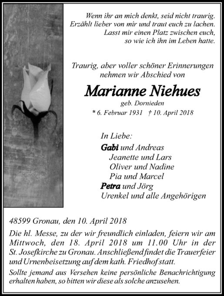  Traueranzeige für Marianne Niehues vom 14.04.2018 aus Westfälische Nachrichten