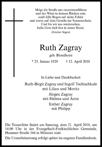 Anzeige von Ruth Zagray von Westfälische Nachrichten