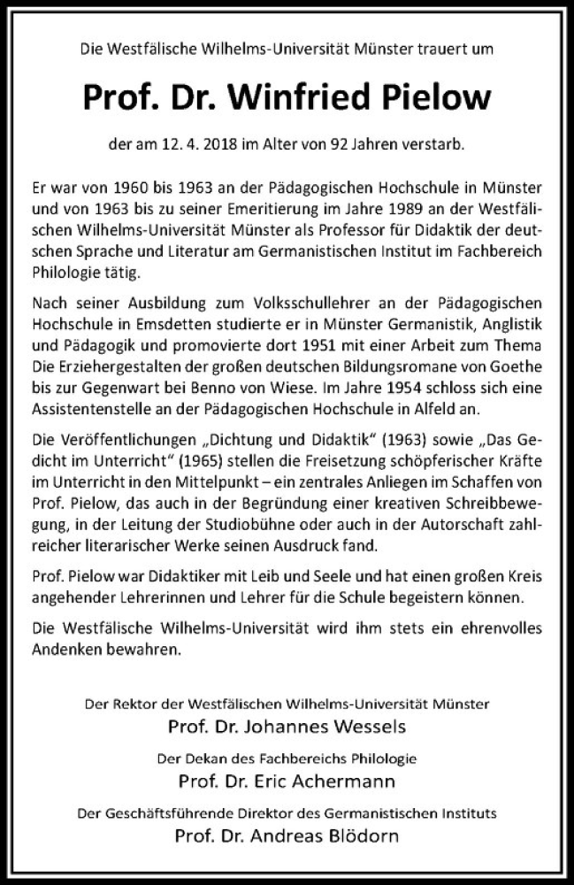  Traueranzeige für Winfried Pielow vom 28.04.2018 aus Westfälische Nachrichten