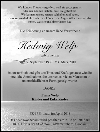 Anzeige von Hedwig Welp von Westfälische Nachrichten