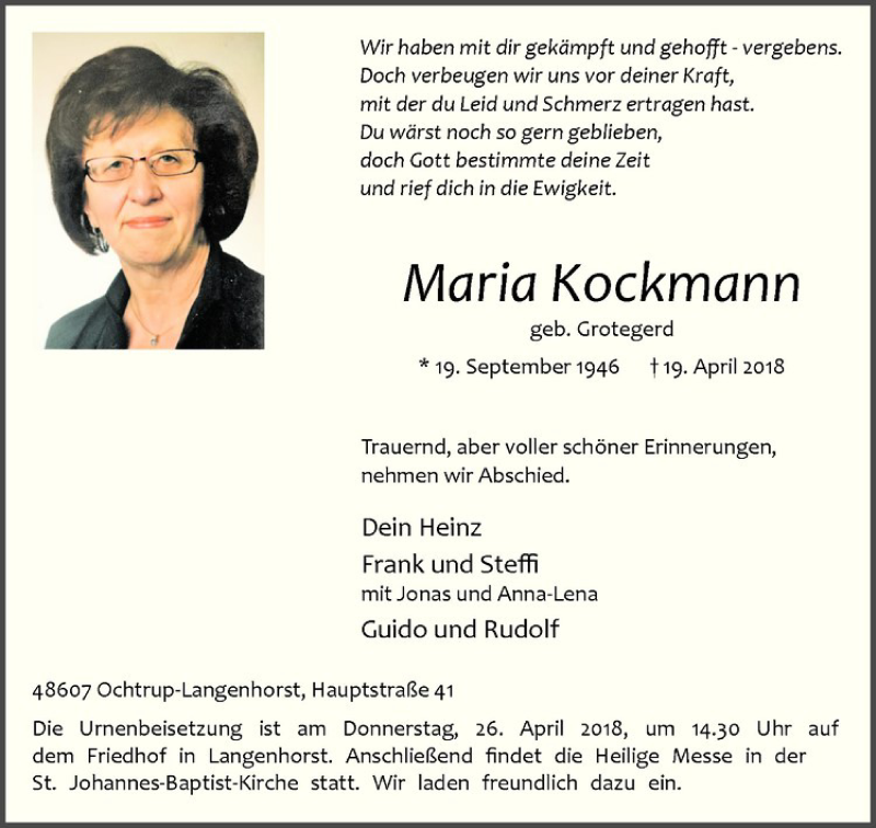  Traueranzeige für Maria Kockmann vom 21.04.2018 aus Westfälische Nachrichten