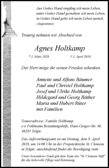 Anzeige von Agnes Holtkamp von Westfälische Nachrichten