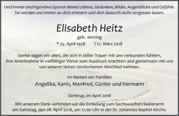 Anzeige von Elisabeth Heitz von Westfälische Nachrichten