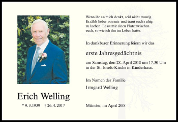Anzeige von Erich Welling von Westfälische Nachrichten