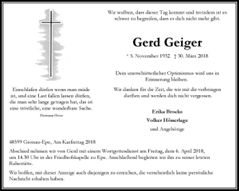 Anzeige von Gerd Geiger von Westfälische Nachrichten