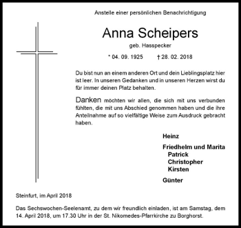 Anzeige von Anna Scheipers von Westfälische Nachrichten