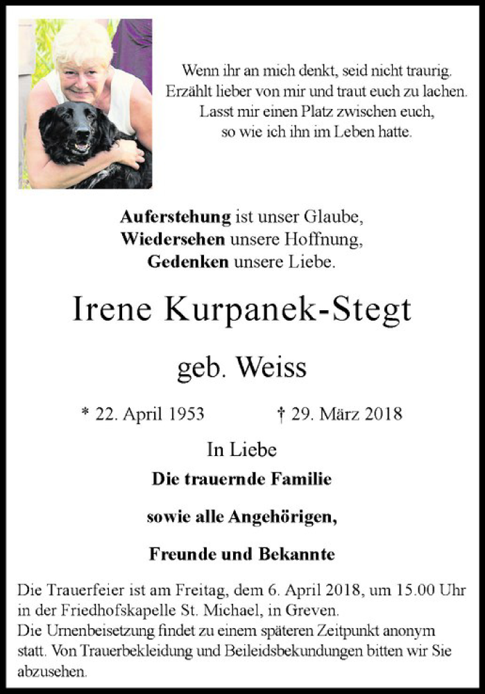  Traueranzeige für Irene Kurpanek-Stegt vom 04.04.2018 aus Westfälische Nachrichten