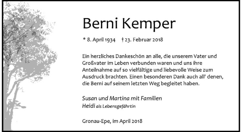  Traueranzeige für Berni Kemper vom 21.04.2018 aus Westfälische Nachrichten