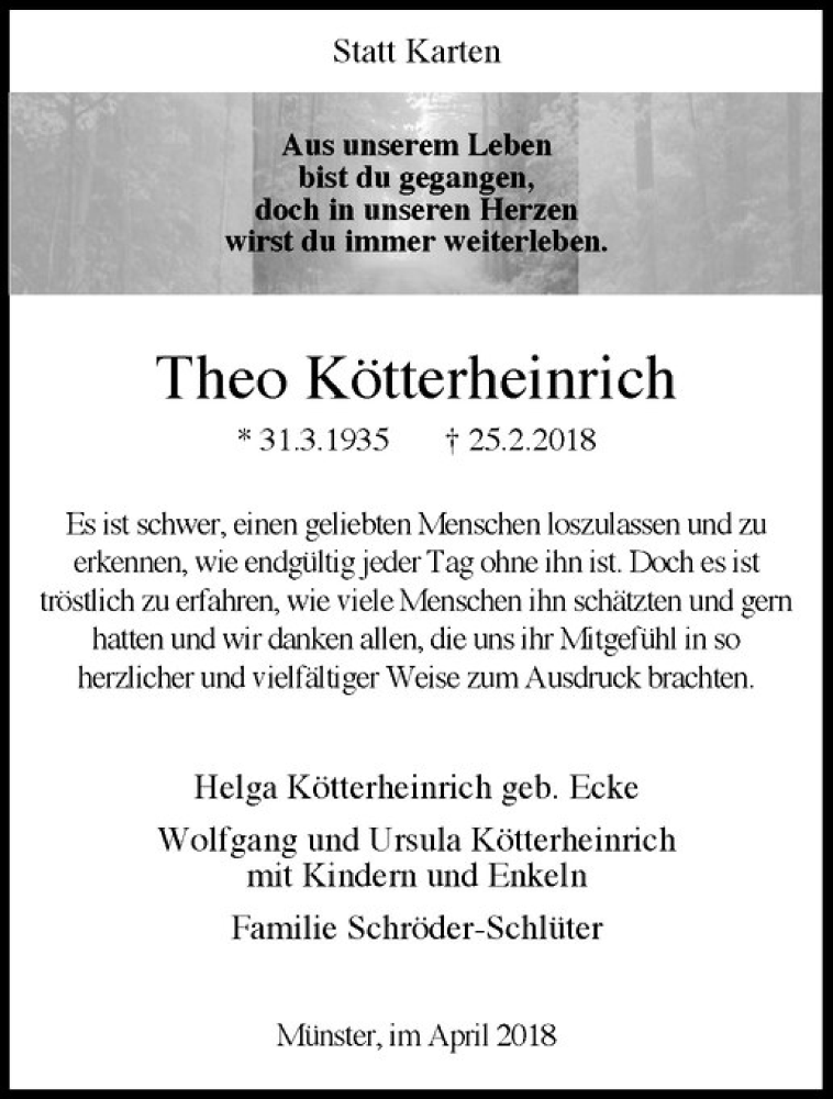  Traueranzeige für Theo Kötterheinrich vom 07.04.2018 aus Westfälische Nachrichten