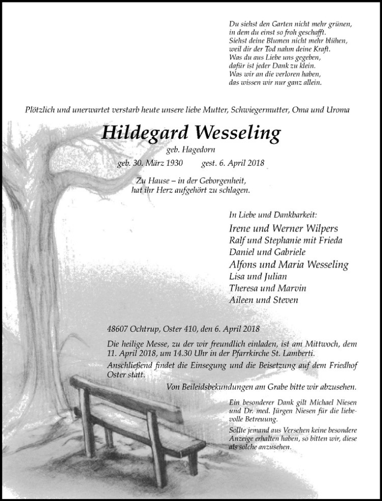  Traueranzeige für Hildegard Wesseling vom 10.04.2018 aus Westfälische Nachrichten