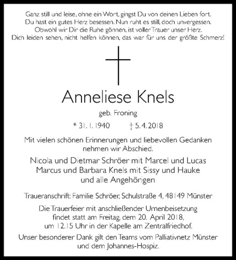  Traueranzeige für Anneliese Knels vom 14.04.2018 aus Westfälische Nachrichten