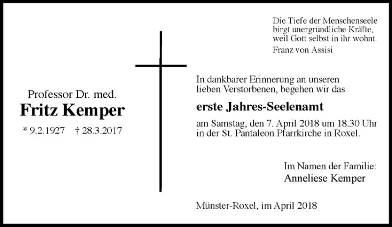  Traueranzeige für Fritz Hubertus Kemper vom 04.04.2018 aus Westfälische Nachrichten