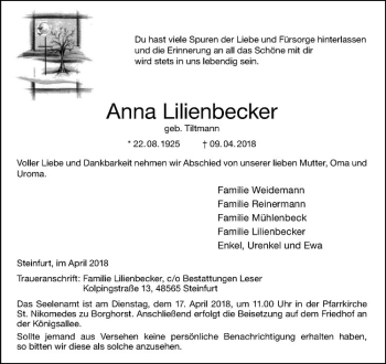 Anzeige von Anna Lilienbecker von Westfälische Nachrichten