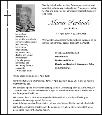 Anzeige von Maria Terlinde von Westfälische Nachrichten
