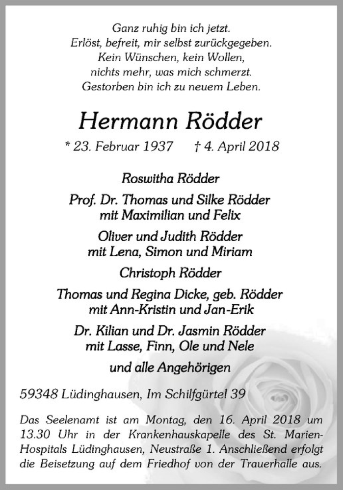  Traueranzeige für Hermann Rödder vom 11.04.2018 aus Westfälische Nachrichten