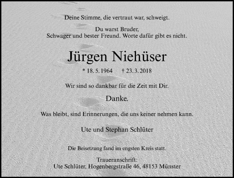  Traueranzeige für Jürgen Niehüser vom 07.04.2018 aus Westfälische Nachrichten