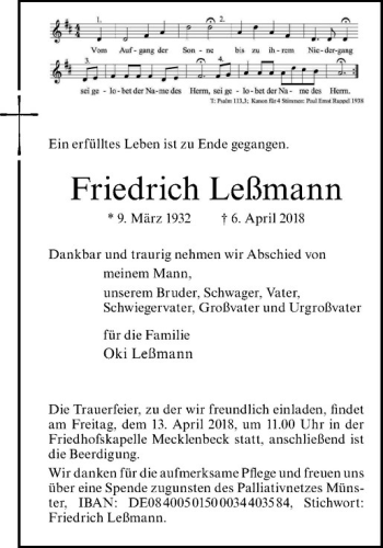 Anzeige von Friedrich Leßmann von Westfälische Nachrichten