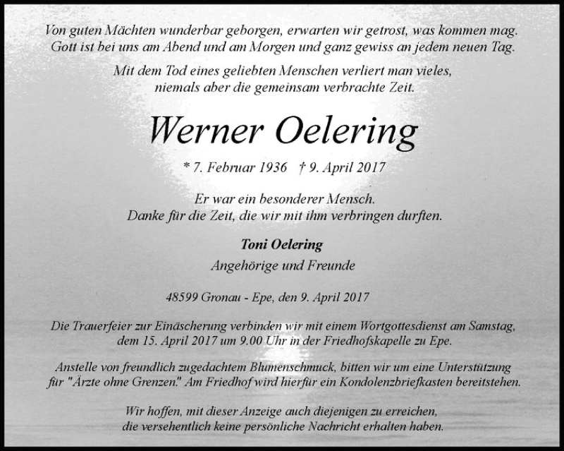  Traueranzeige für Werner Oelering vom 12.04.2017 aus Westfälische Nachrichten
