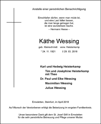 Anzeige von Käthe Wessing von Westfälische Nachrichten