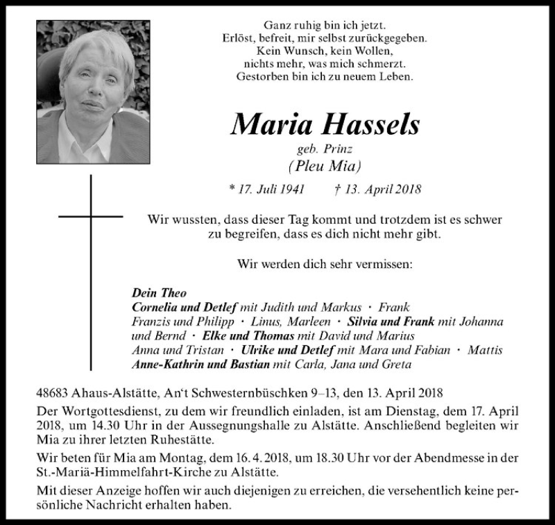  Traueranzeige für Maria Hassels vom 14.04.2018 aus Westfälische Nachrichten