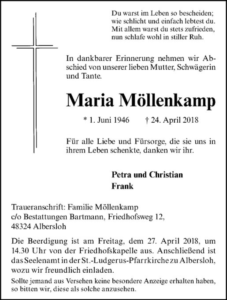  Traueranzeige für Maria Möllenkamp vom 26.04.2018 aus Westfälische Nachrichten