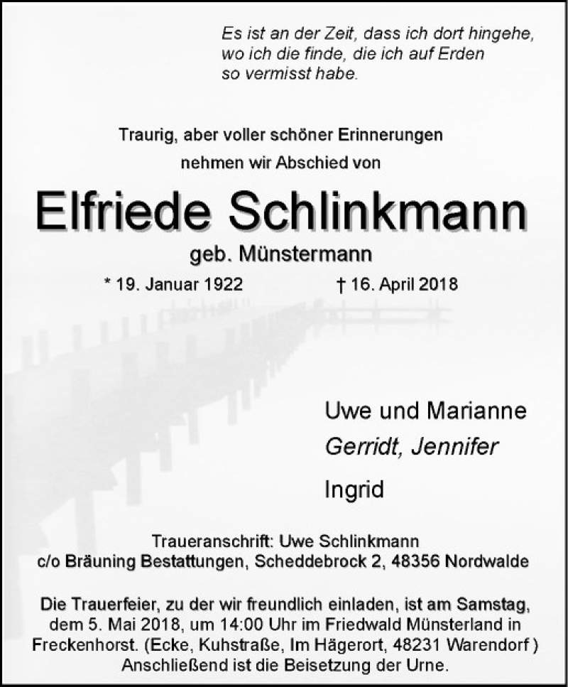  Traueranzeige für Elfriede Schlinkmann vom 28.04.2018 aus Westfälische Nachrichten