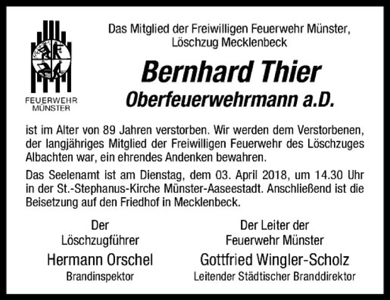  Traueranzeige für Bernhard Thier vom 03.04.2018 aus Westfälische Nachrichten