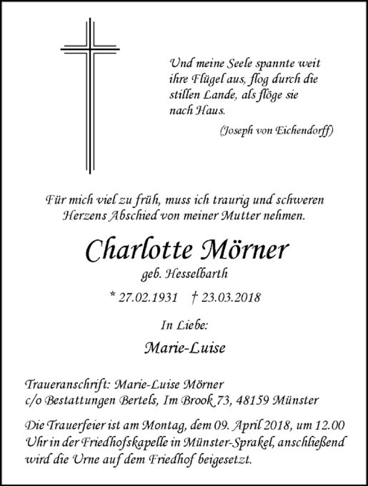  Traueranzeige für Charlotte Mörner vom 04.04.2018 aus Westfälische Nachrichten