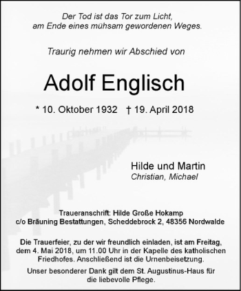 Anzeige von Adolf Englisch von Westfälische Nachrichten