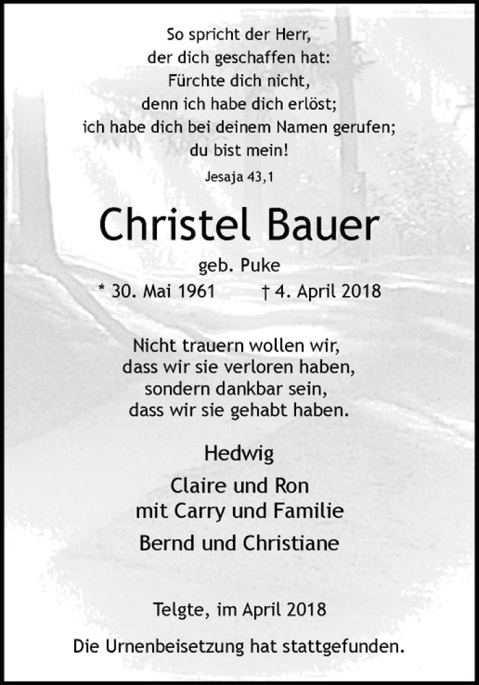  Traueranzeige für Christel Bauer vom 24.04.2018 aus Westfälische Nachrichten