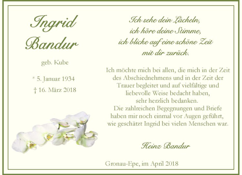  Traueranzeige für Ingrid Bandur vom 21.04.2018 aus Westfälische Nachrichten