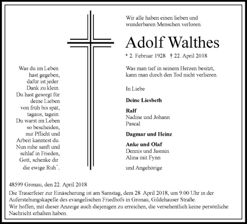  Traueranzeige für Adolf Walthes vom 25.04.2018 aus Westfälische Nachrichten
