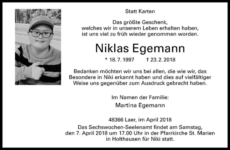  Traueranzeige für Niklas Egemann vom 04.04.2018 aus Westfälische Nachrichten