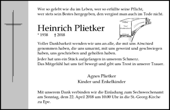 Anzeige von Heinrich Plietker von Westfälische Nachrichten