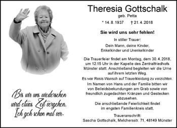 Anzeige von Theresia Gottschalk von Westfälische Nachrichten
