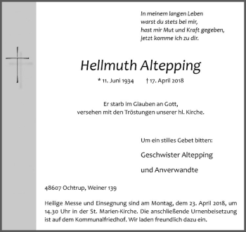 Anzeige von Hellmuth Altepping von Westfälische Nachrichten