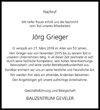 Anzeige von Jörg Grieger von Westfälische Nachrichten