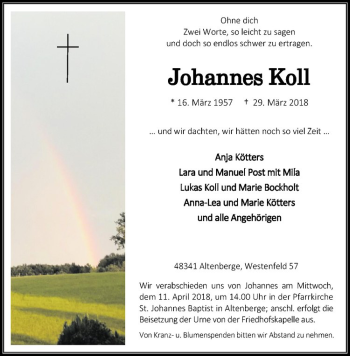 Anzeige von Johannes Koll von Westfälische Nachrichten