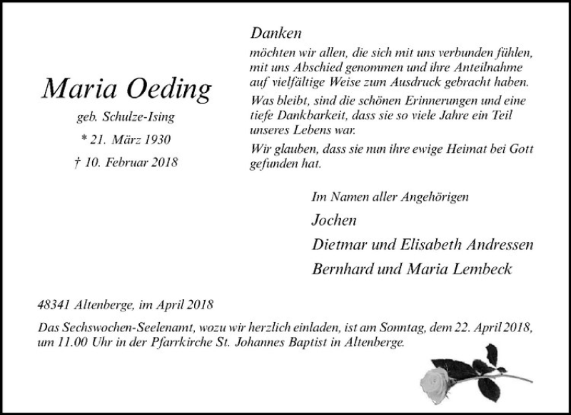  Traueranzeige für Maria Oeding vom 17.04.2018 aus Westfälische Nachrichten