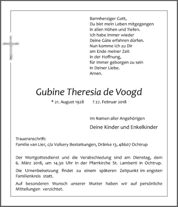 Anzeige von Gubine de Voogd von Westfälische Nachrichten