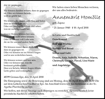 Anzeige von Annemarie Homölle von Westfälische Nachrichten