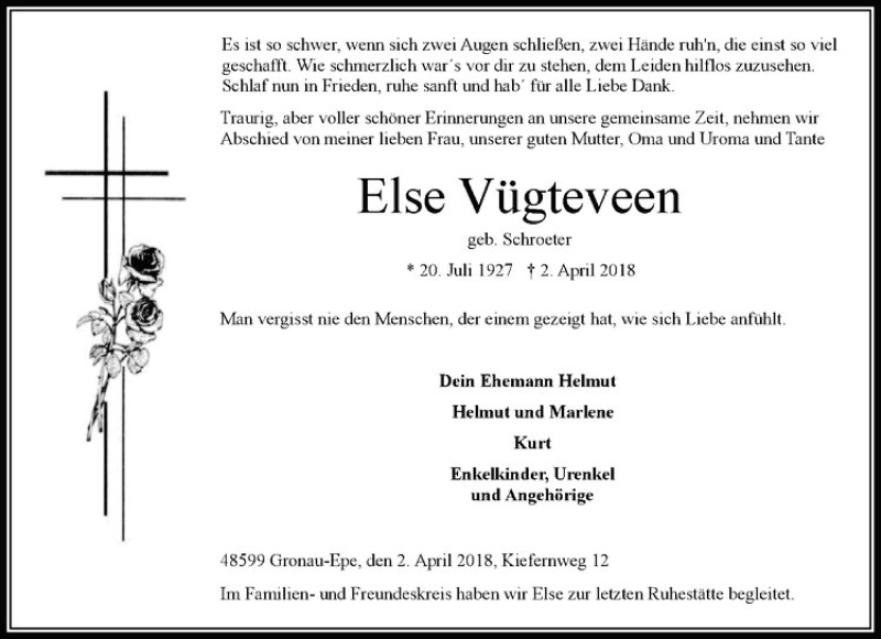  Traueranzeige für Else Vügteveen vom 13.04.2018 aus Westfälische Nachrichten