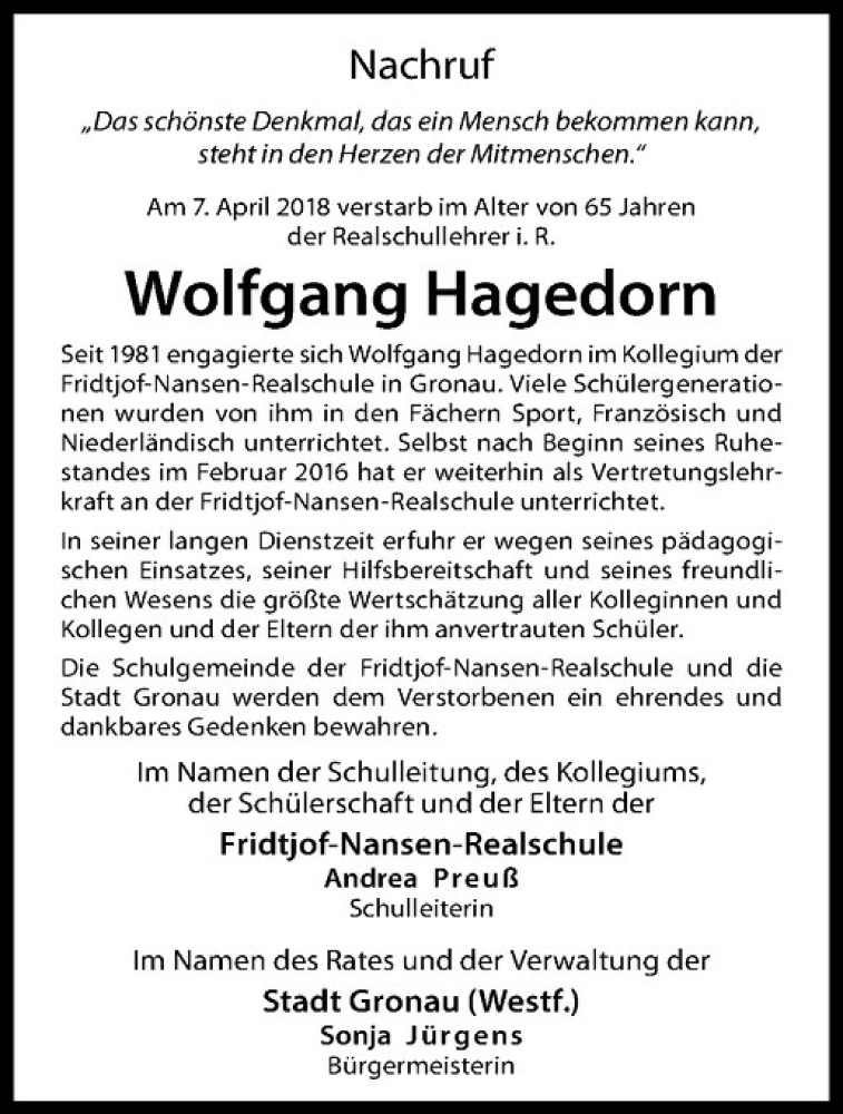  Traueranzeige für Wolfgang Hagedorn vom 14.04.2018 aus Westfälische Nachrichten