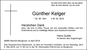 Anzeige von Günther Kelger von Westfälische Nachrichten