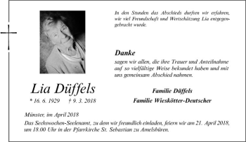 Anzeige von Lia Düffels von Westfälische Nachrichten