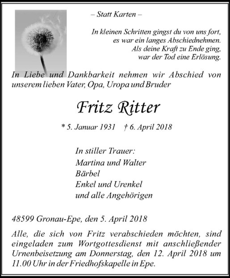  Traueranzeige für Fritz Ritter vom 07.04.2018 aus Westfälische Nachrichten