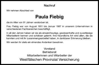 Anzeige von Paula Fiebig von Westfälische Nachrichten
