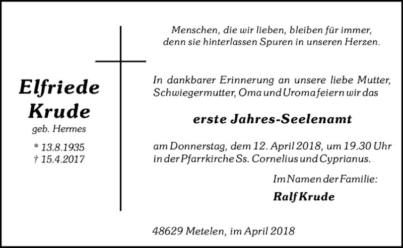  Traueranzeige für Elfriede Krude vom 09.04.2018 aus Westfälische Nachrichten