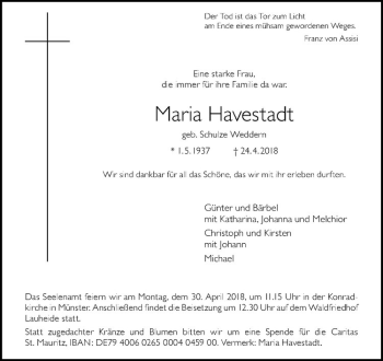 Anzeige von Maria Havestadt von Westfälische Nachrichten