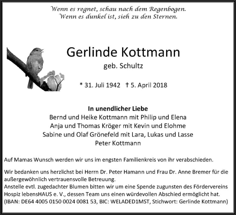  Traueranzeige für Gerlinde Kottmann vom 14.04.2018 aus Westfälische Nachrichten